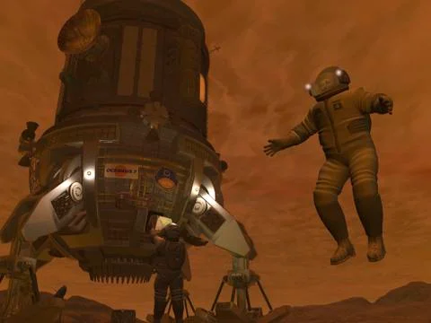 Artist's concept of astronauts exploring the surface of Saturn's moon Titan. Ilustração Stock
