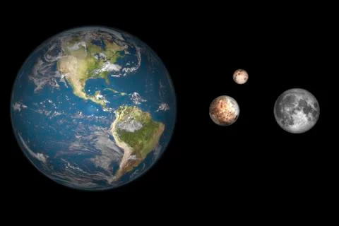 Artist's concept of the Earth, Pluto, Charon, and Earth's moon to scale. Stock Illustration