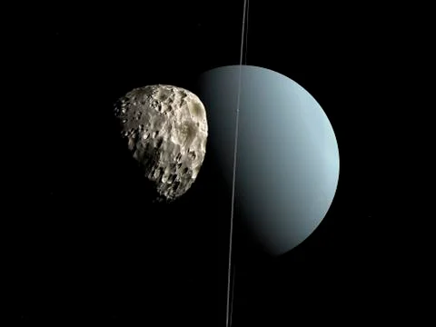 Artist's concept of how Uranus and its tiny moon Puck. Illustrazione stock