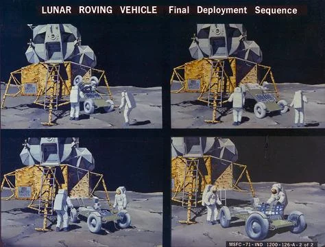 This artist's concept illustrates the deployment sequence of the Lunar Rovi.. Stock Photos