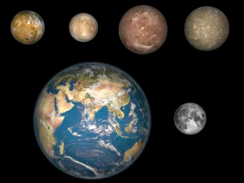 Artist's concept of Jupiter's four largest satellites laid out above the Earth 스톡 일러스트