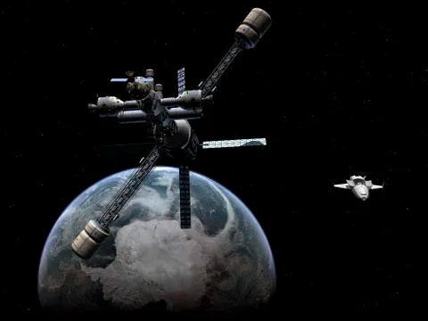 Artist's concept of a lunar cycler approaching Earth. Stock Illustration