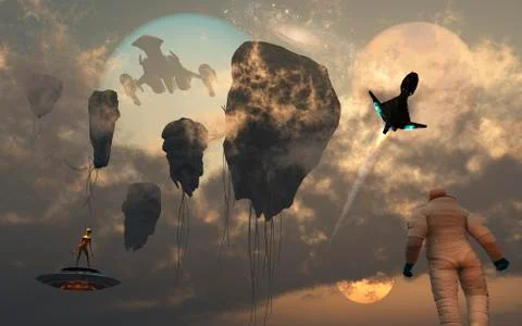 Artist's concept of mankind crossing paths with other space travelers. Stock Illustration