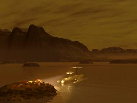 Artist's concept of a robotic probe exploring a frigid ethane lake on Titan. Stock Illustration