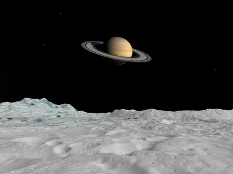 Artist's concept of Saturn as seen from the surface of its moon Iapetus. Ilustración de archivo