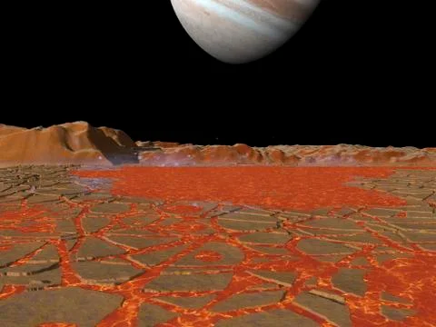Artist's concept of a view across a pool of lava on the surface of Io, towards Illustrazione stock