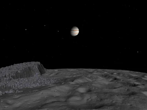Artist's concept of a view across the surface of Themisto towards Jupiter and Stock Illustration