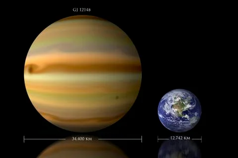 Artist's depiction of the size relationship between Earth and Gliese 1214b. Stock Illustration
