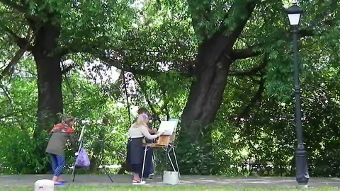 Artists draw at nature Stock Footage 92615378