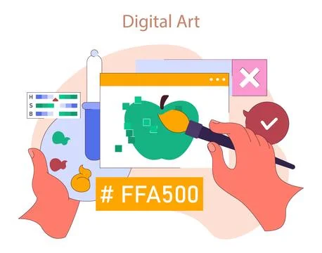 Artist's hand creating digital apple illustration, surrounded by color palettes Illustrazione stock