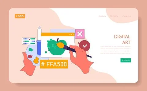 Artist's hand creating digital apple illustration, surrounded by color palettes 스톡 일러스트