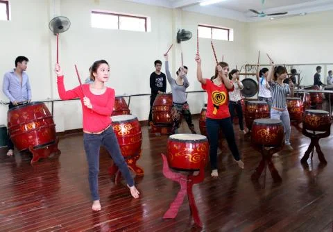 Artists performing drum Stock Photos