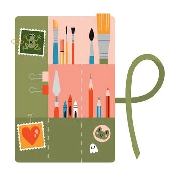 Artist's Round Roll Up Pencil Case with stationery and art supplies, cartoo.. Illustrazione stock
