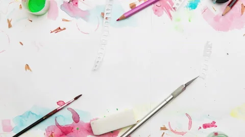 Artists Studio Panning Canvas With Paint Brushes 스톡 동영상 49524974