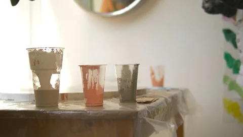 Artist's workplace. preparation of the workflow for working with acrylic paints Stock Footage 114140499