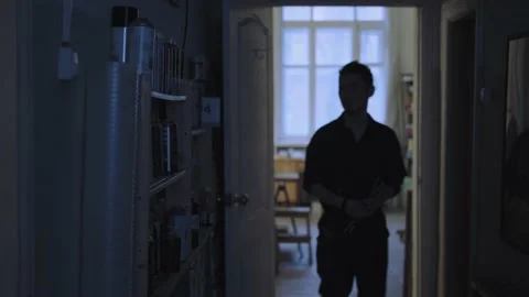 Artist's workshop, creative studio for drawing: a man walks, changing locations Stock-Footage 143689742