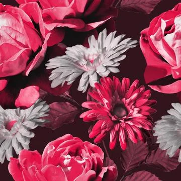 Art,Monochrome,Vintage,Floral,Seamless,Pattern,With,Red,,Pink,And 库存插图