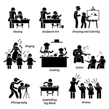 Arts and crafts enrichment programs for children. Illustrations depict the ac Stock Illustration