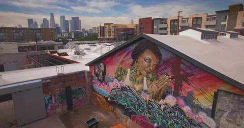 Arts district downtown city Los Angeles urban graffiti mural aerial view 4K UHD Stock Footage 62800869
