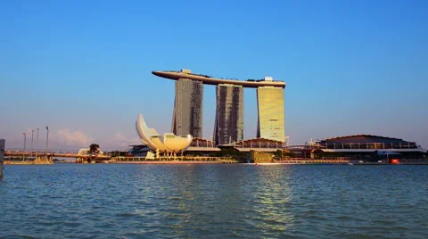 The Artscience Museum, Helix Bridge and Marina Bay Sands Singapore Stock Footage 61790518