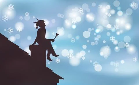 Artwork background Happy Christmas, elf sitting on pipe and night snowfall. Stock Illustration