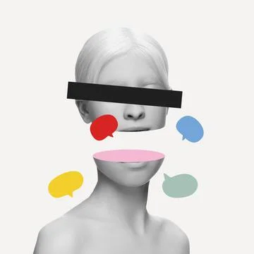 Artwork. Close-up young woman's split face, head with social media signs Stock Photos