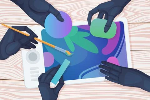 Artwork creation with AI, robot hands holding brush, chalk and eraser to draw on Illustrazione stock