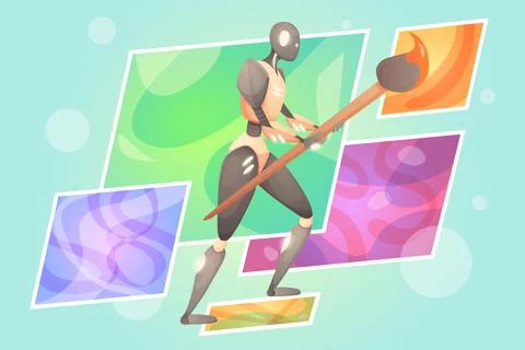 Artwork creation and digital design with AI, robot artist painting pictures with Stock Illustration