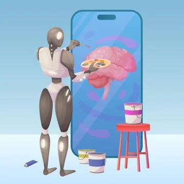 Artwork creation with mobile phone app, robot artist painting picture of brain イラスト素材