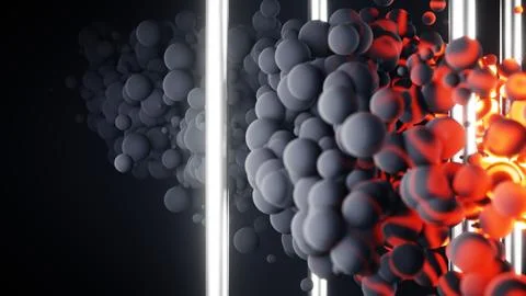 Artwork with dark and light spheres, illuminated by neon light in a digital Иллюстрация