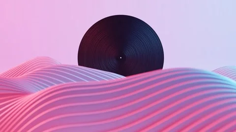 This artwork depicts a vinyl record set against a retro wave landscape, combi Stock Footage 297691630