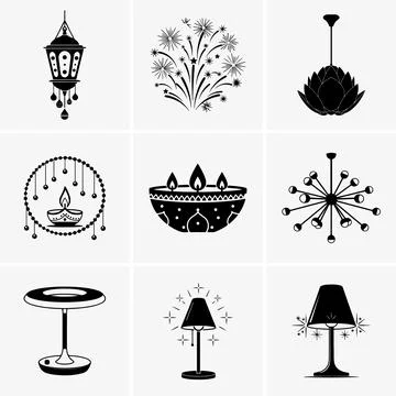 This artwork features nine unique lighting objects shown in simple black and Stock Illustration