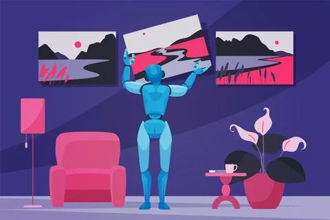 Artwork gallery of artificial intelligence, AI content, robot hanging picture on Stock Illustration
