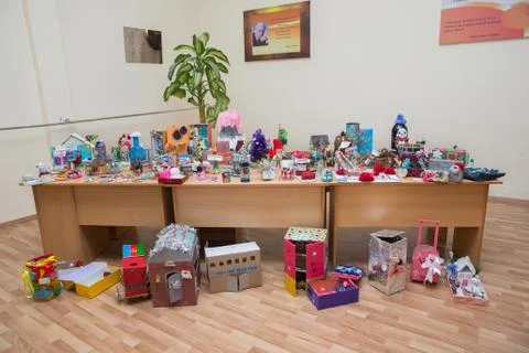 Artwork made by students using paper, plastic, rubber products and various ho Stock Photos