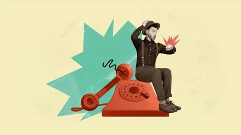 Artwork motion collage video of shocked man sit  phone handset look wristwatch Stock-Footage 310671599