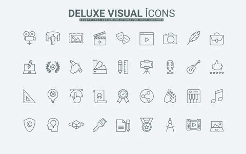 Artwork project creation and copyright, art tools, creative portfolio line icons Stock-Illustration