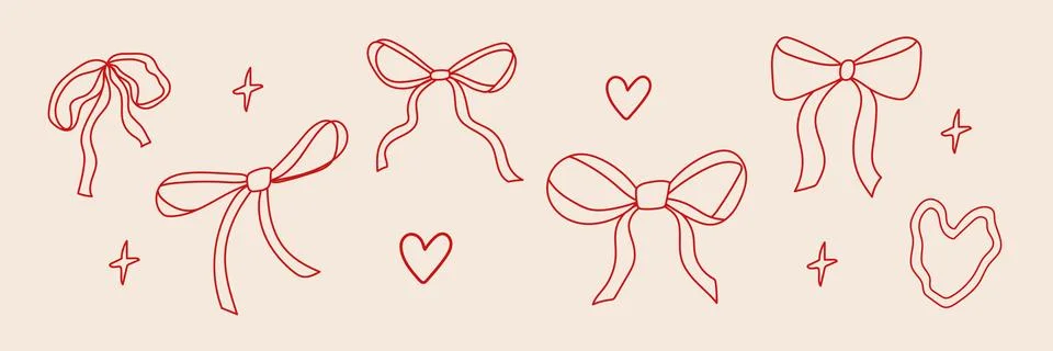 This artwork showcases a collection of simple red ribbon designs, including m Stock Illustration