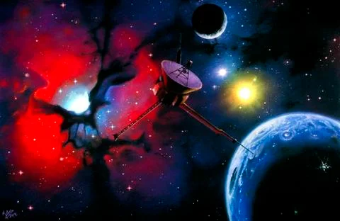 Artwork of a space probe approaching trifid nebula Stock Illustration