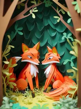 Artwork of two cute foxes in the woods Stock Illustration