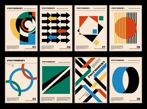 Artworks, posters inspired postmodern of vector abstract dynamic symbols with Stock Illustration