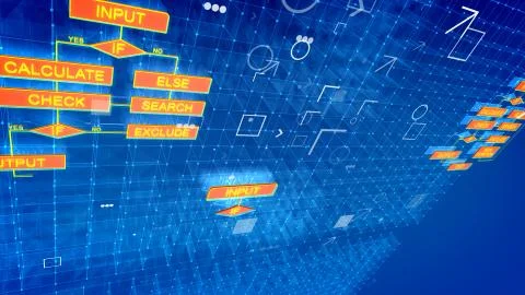 An arty 3d illustration of computer algorithms on several bright blue surface Stock Illustration