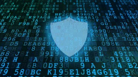 An arty 3d illustration of a computer display put askew with blue coded formu Stock Illustration