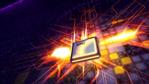 An arty 3d illustration of a grey CPU microprocessor with plasma arc inside p Stock Illustration