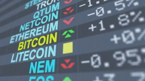 An arty 3d illustration of multicolored crypto currency exchange symbols of   Stock Illustration