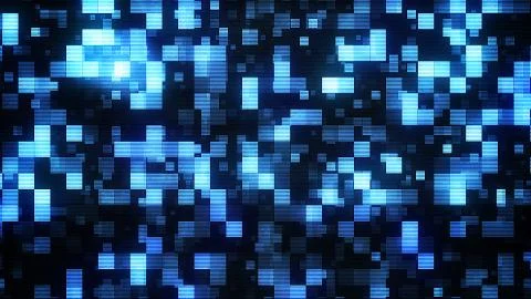 An arty 3d illustration of small bright blue and white squares in the black b Stock Illustration