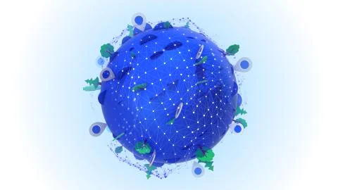 Arty 3d rendering of a blue sphere covered with a cobweb of geolocation point Stock Illustration