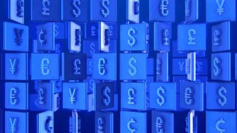 Arty 3d rendering of financial multiscreen rotation symbols of dollars, euros Stock Illustration