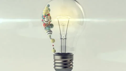 An arty 3d rendering of a transparent glass ligh bulb with a a lit metallic w Illustrazione stock