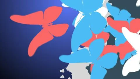 Arty looking 3D illustration of the big rosy, blue, and white butterflies, in Stock Illustration