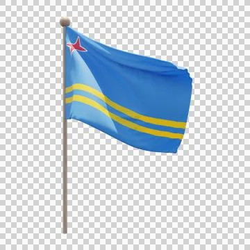 Aruba 3d illustration flag on pole. Wood flagpole Illustrazione stock